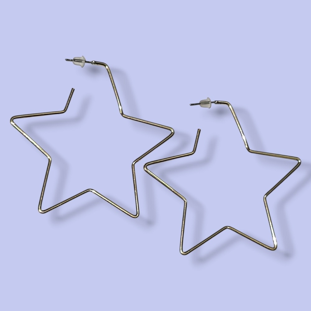 Vintage 90s Y2K Gold Tone Star Hoop Earrings 2.5"